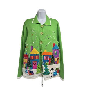 Seventh Avenue Womens Sweater Green Novelty Lights Ugly Christmas Knit Size XL